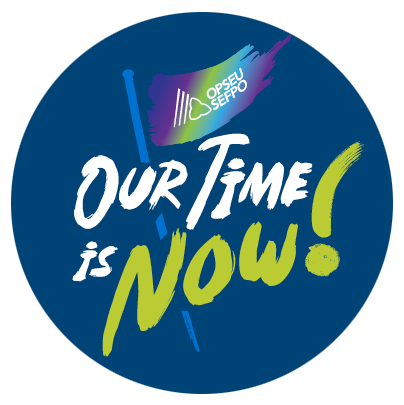 The OPSEU/SEFPO flag, which is a gradient of purple, green, and blue, with the words Our Time is Now!