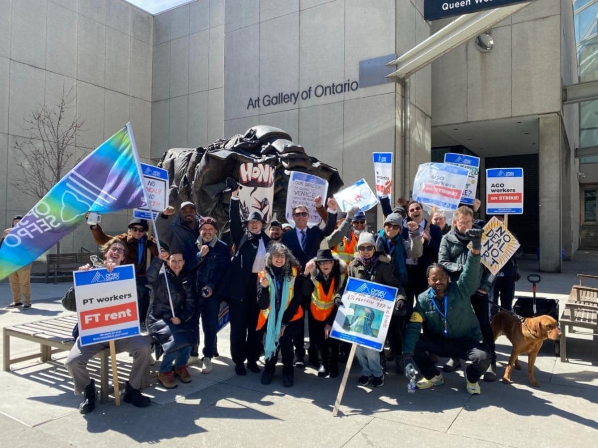A group of workers holding OPSEU/SEFPO flags and placards