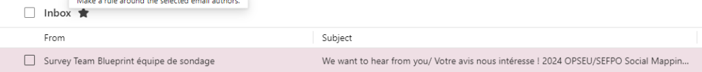 Capture of an email inbox showing the sender and subject of an email. The email in question is highlighted in a light pink.